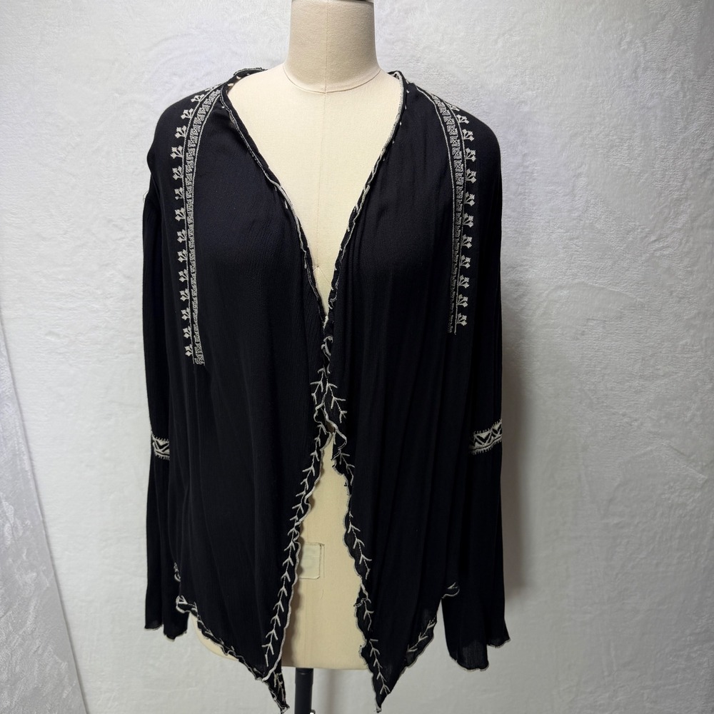 New Direction Womens L Black White Embroidered Open Front Cardigan Boho Crinkle